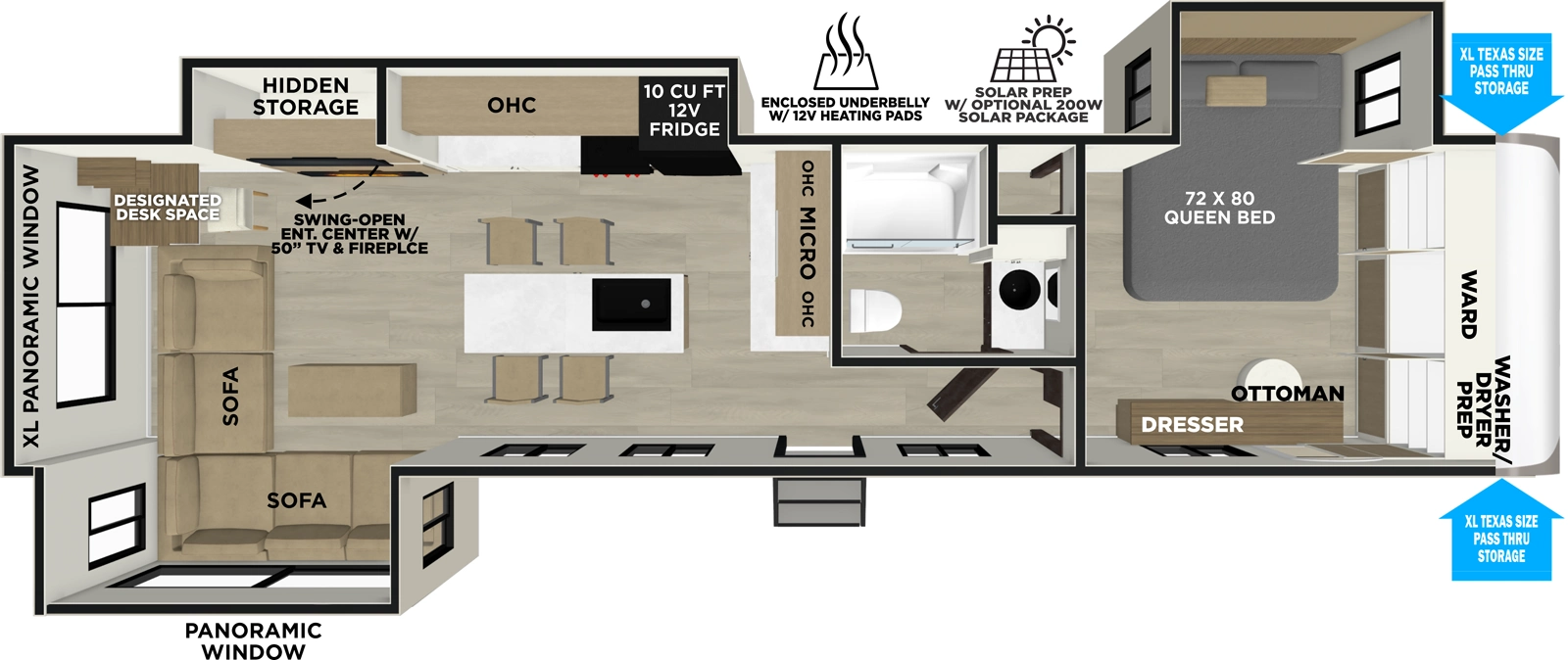The Hemisphere Travel Trailers 323RLI floorplan has one entry and three slide outs. Exterior features include: fiberglass exterior. Interiors features include: kitchen island, front bedroom and rear living.